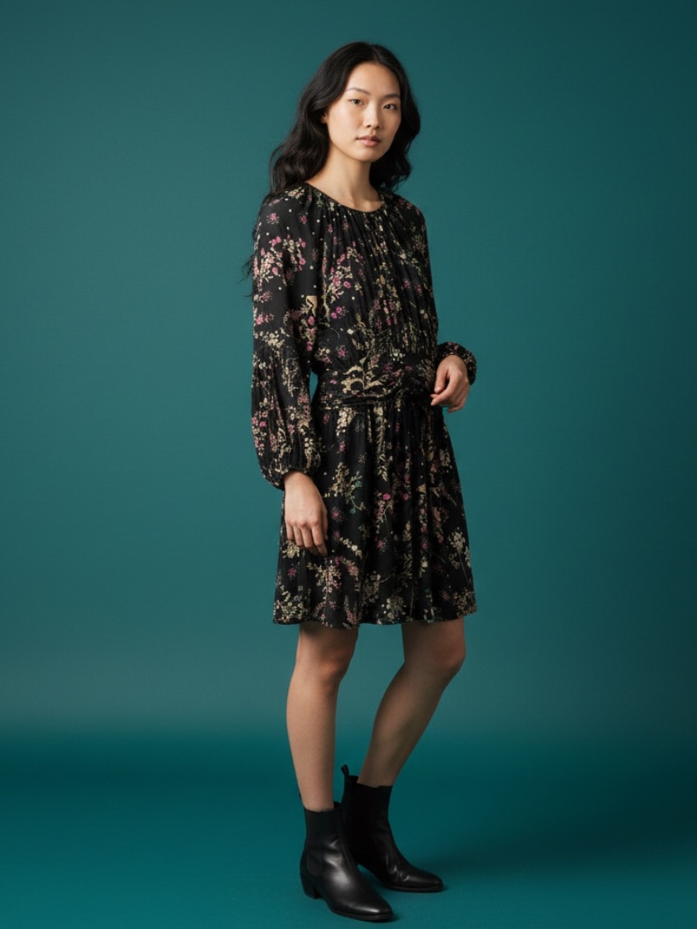 lovestitch Black Floral Long Sleeve Peasant Dress with Cream and Pink Blooms